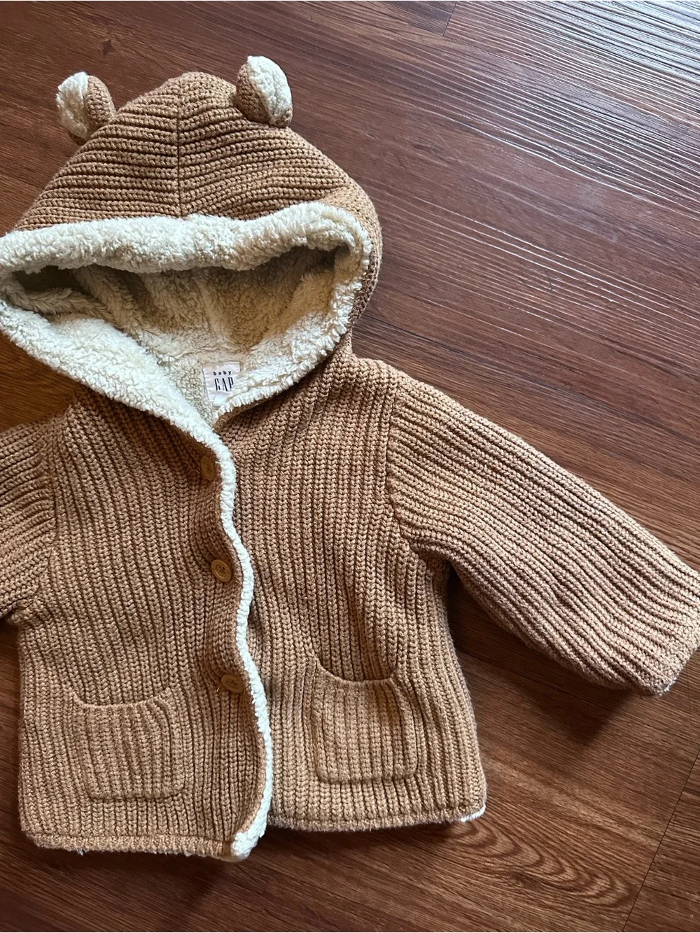 GAP Baby Sherpa-Lined Hooded Cardigan in Light Beige